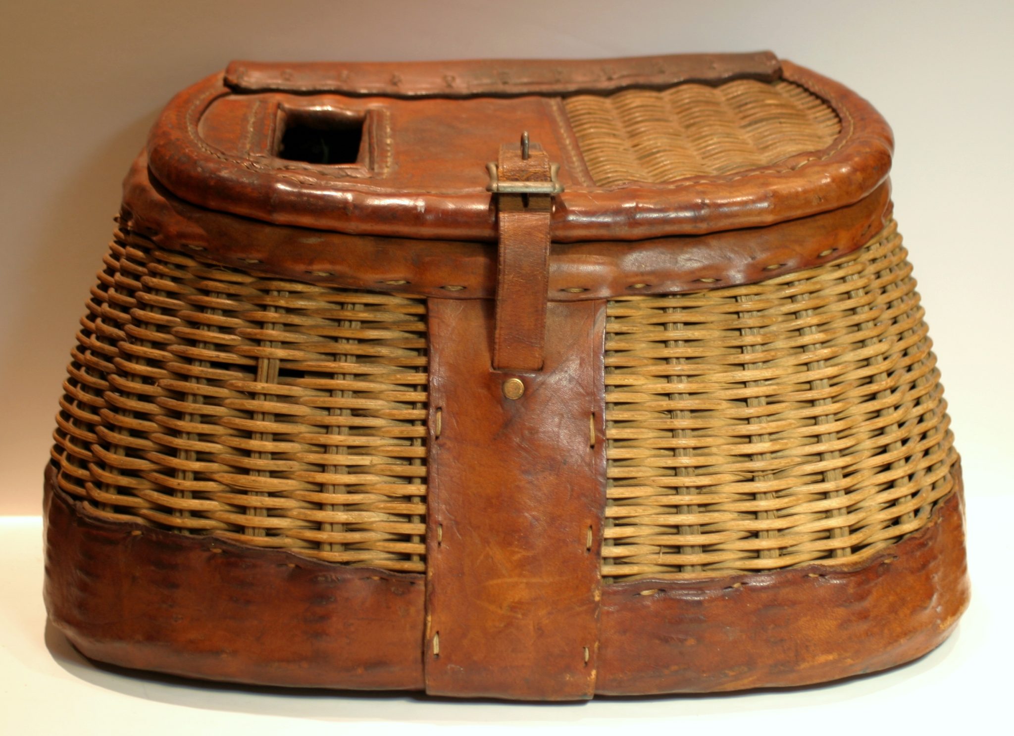 Lot# 109 - Antique Fly Fishing Creel Wicker Basket with Leather